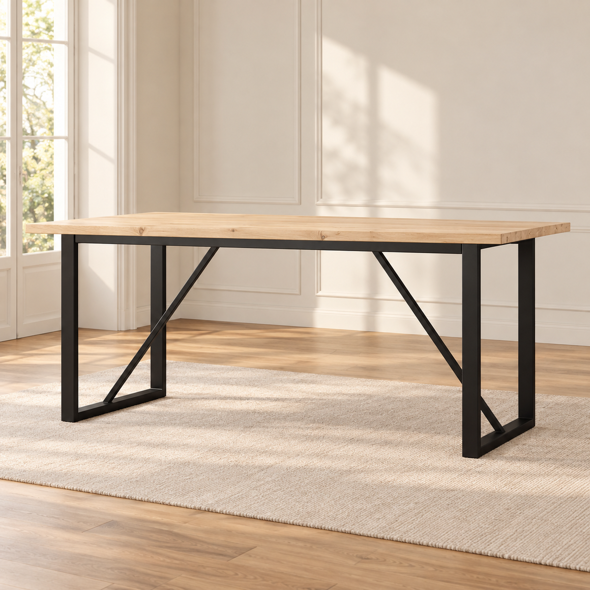 Tables industrielles – Table à manger industrielle en pin massif 180 cm – cadres métal noir Image