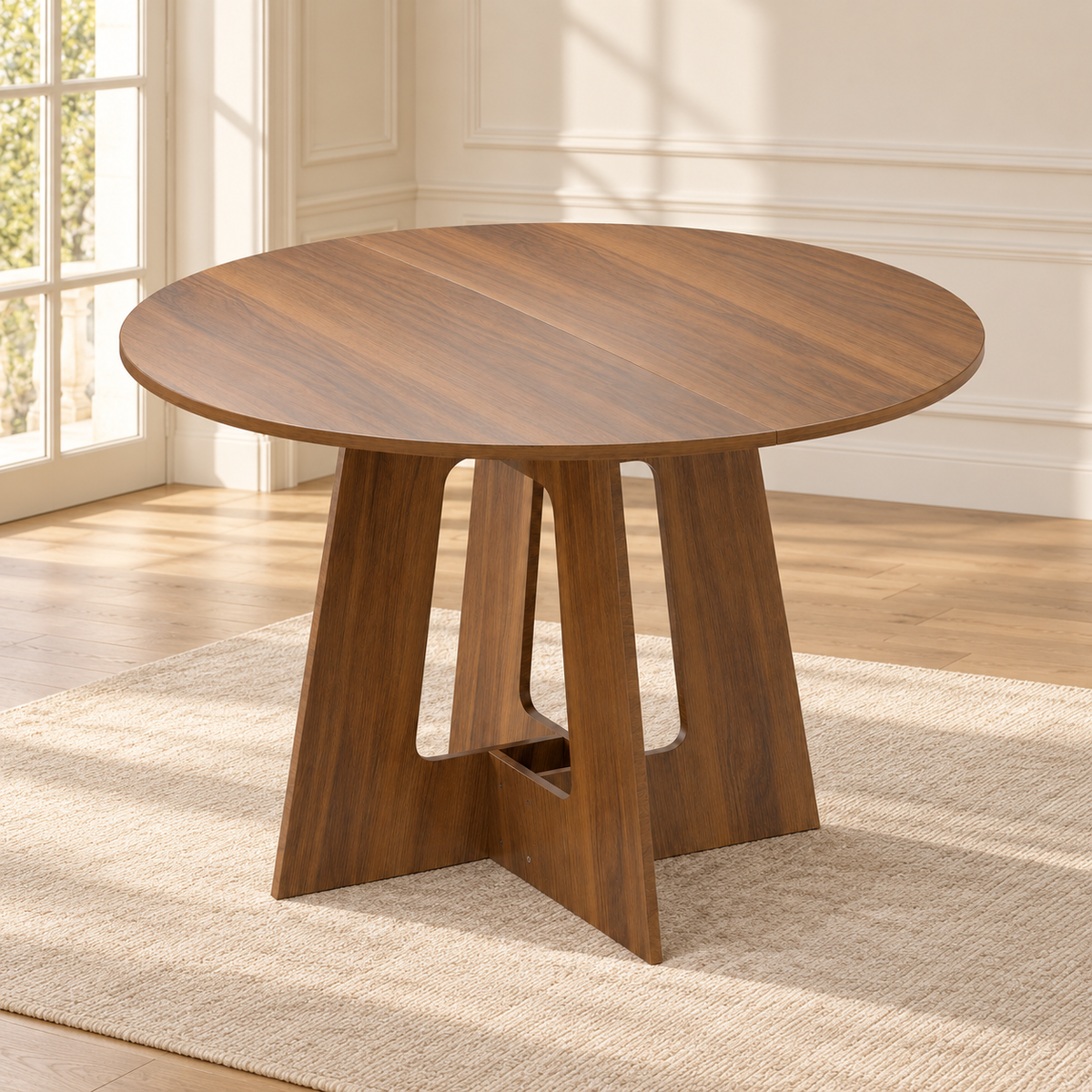 Tables rondes et ovales – Table à manger ronde noyer 110 cm – piètement croisé ajouré Image