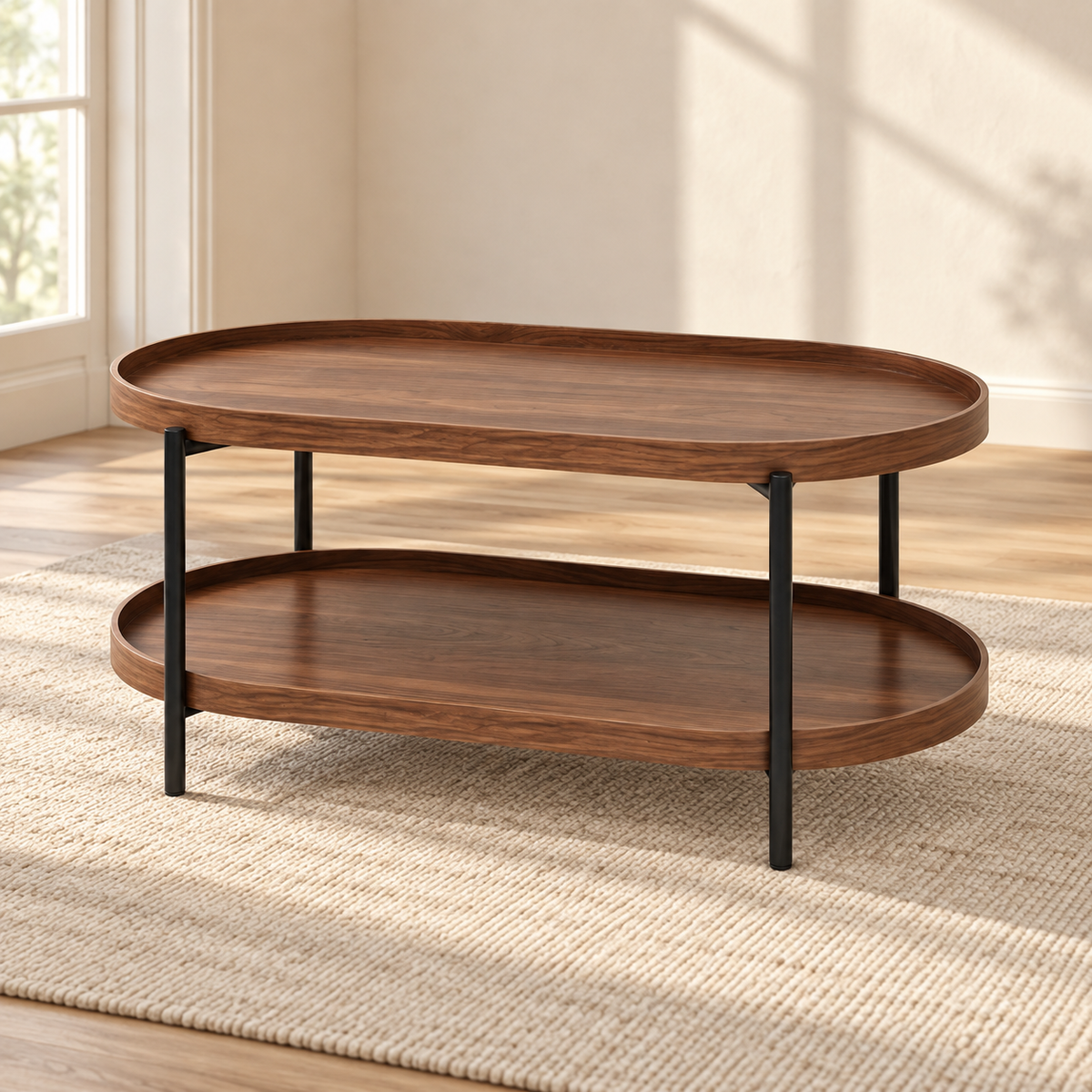 Tables basses – Table basse ovale noyer 90 cm avec étagère — style loft Image