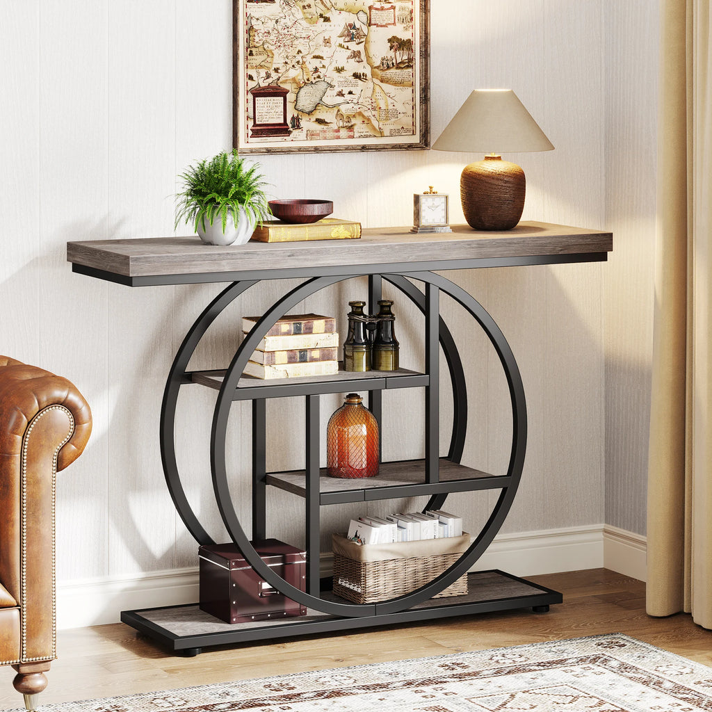 Console d'entrée Cercle 105 cm — quatre niveaux, effet bois et structure métal noir – finition Grey