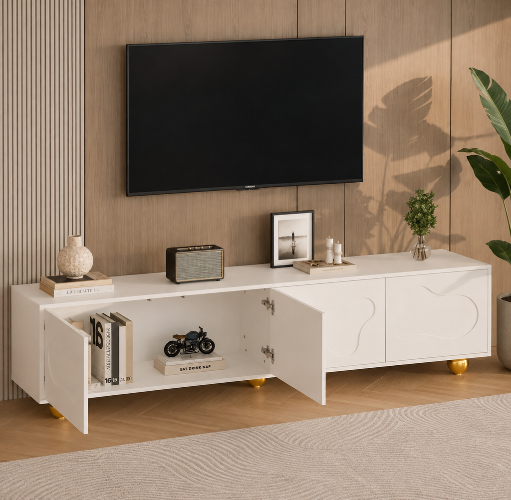 Meuble TV 180 cm 2 armoires sur pieds - Blanc — vue 2