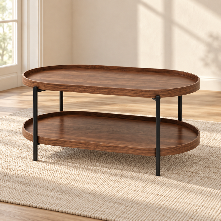 Table basse ovale noyer 90 cm avec étagère — style loft — produit seul dans un intérieur de maison