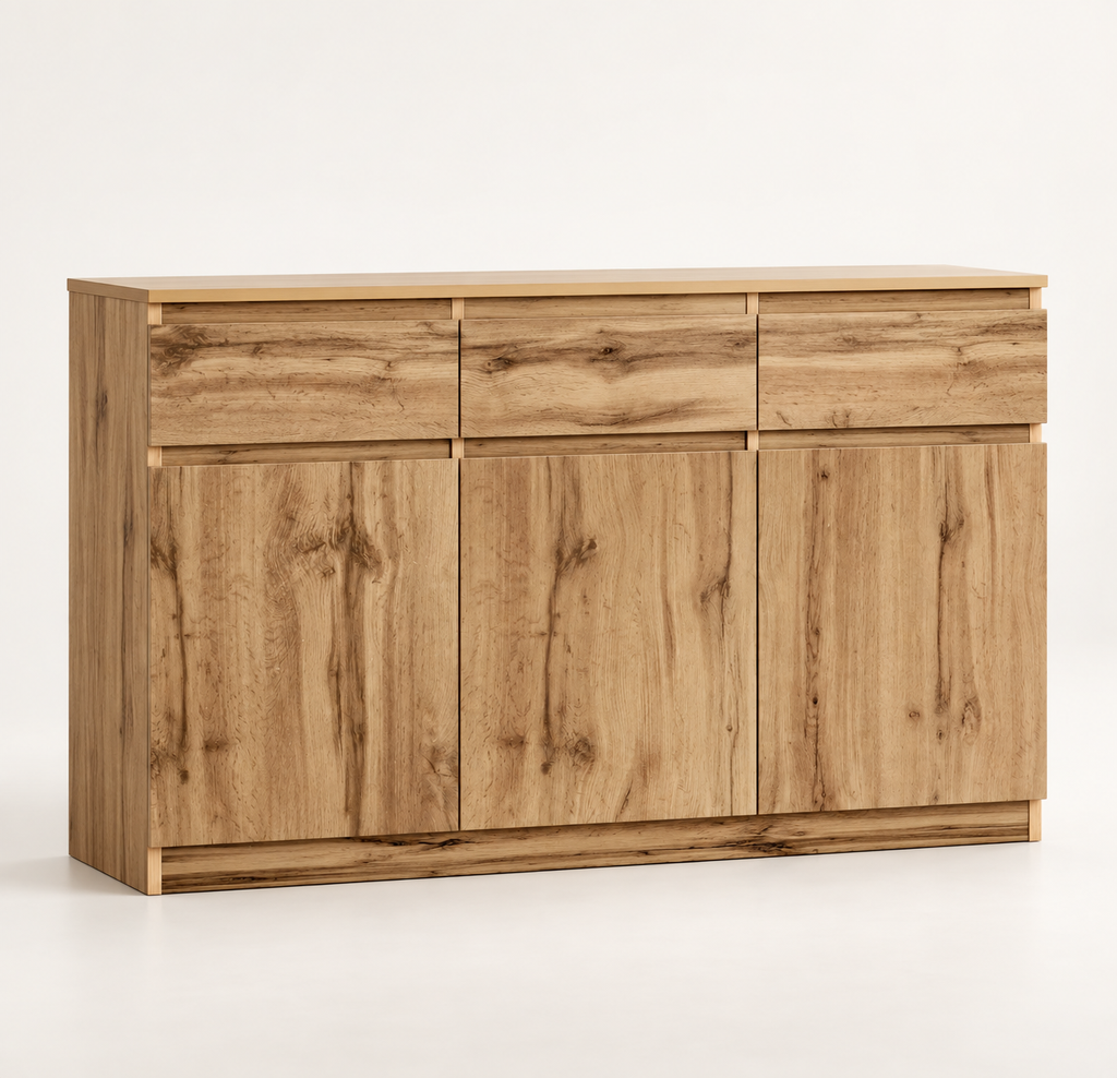 Buffet bois naturel 135 cm trois portes trois tiroirs vue trois-quarts