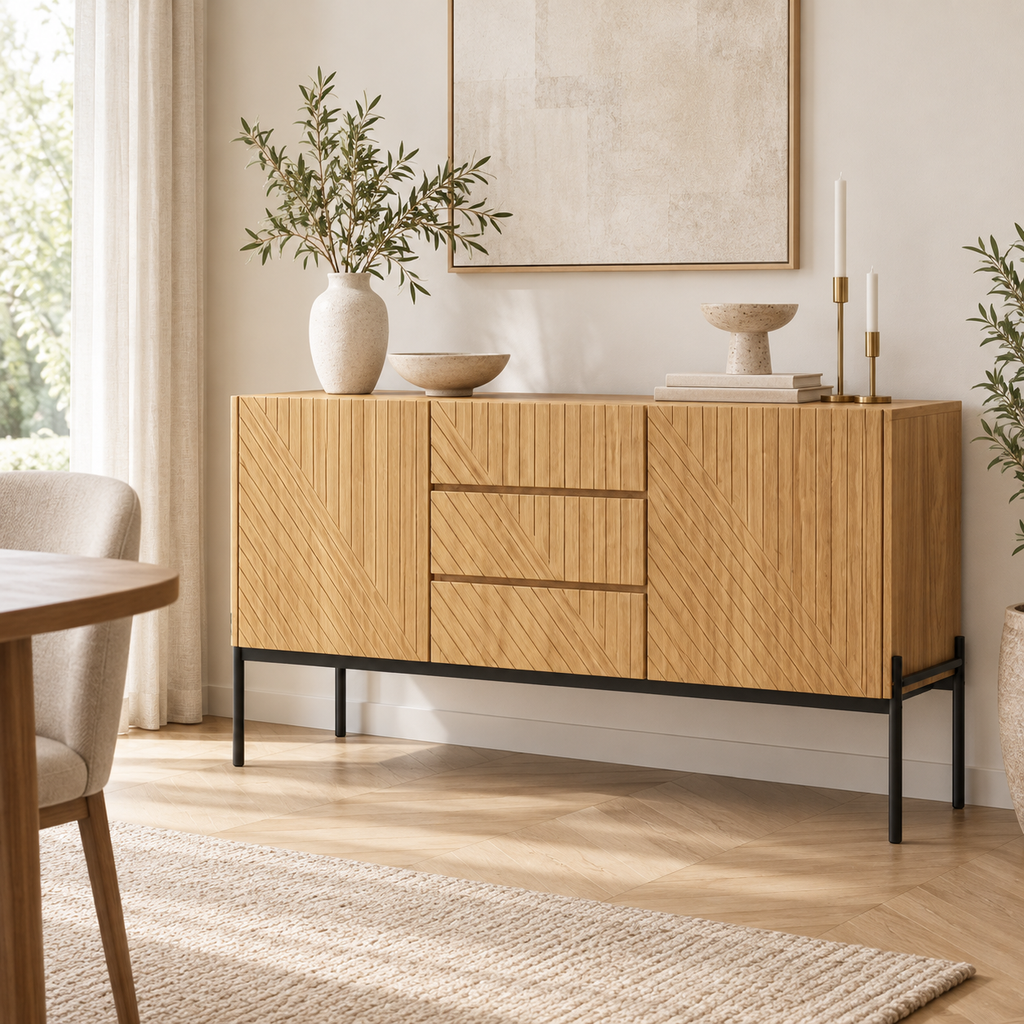 Buffet bois naturel 140 cm dans une salle à manger contemporaine