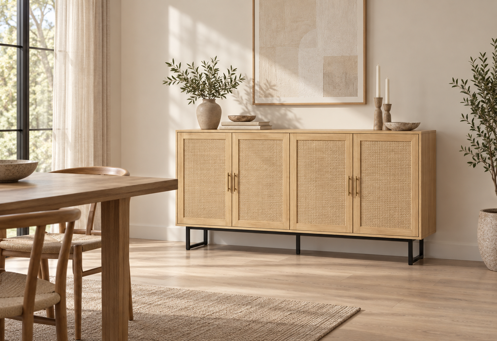 Buffet cannage tressé 140 cm dans une salle à manger contemporaine