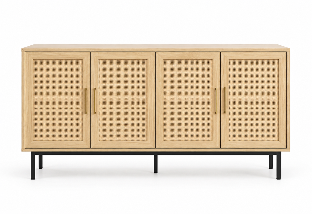 Buffet cannage tressé 140 cm quatre portes vue de face