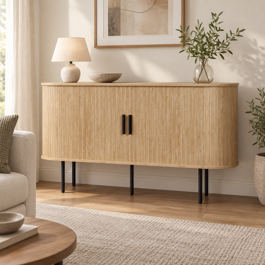 Buffet cannelé courbe 140 cm dans un salon contemporain