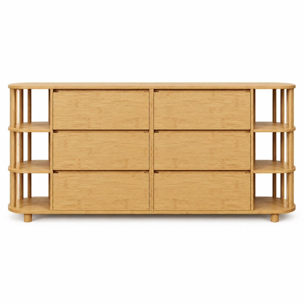 Buffet chêne 160 cm six tiroirs et étagères vue de face
