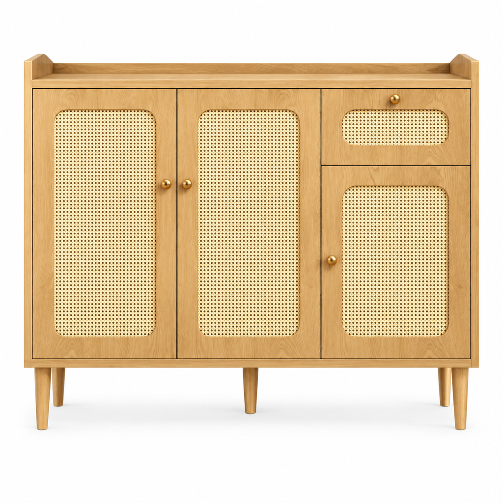 Buffet chêne et cannage 120 cm trois portes et un tiroir vue de face