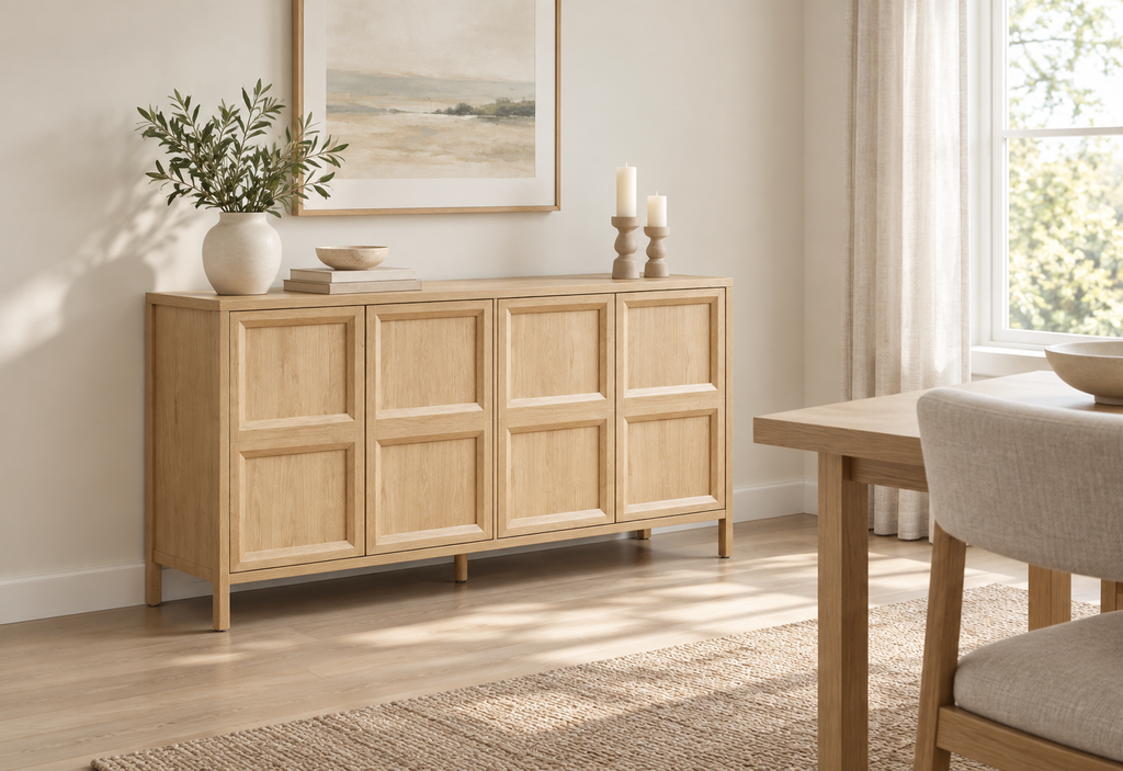 Buffet chêne clair 160 cm dans une salle à manger contemporaine