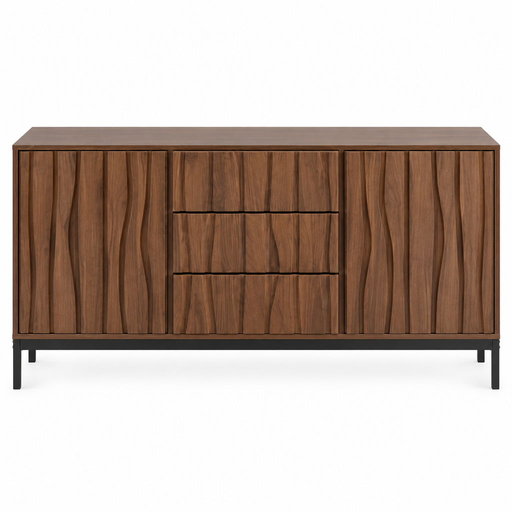 Buffet chêne foncé 150 cm deux portes trois tiroirs vue de face