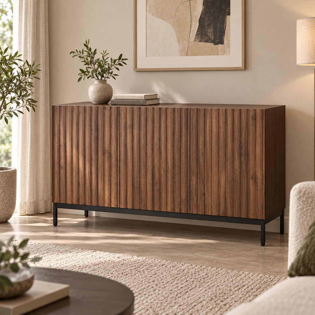 Buffet chêne foncé ondulé 150 cm dans un salon contemporain