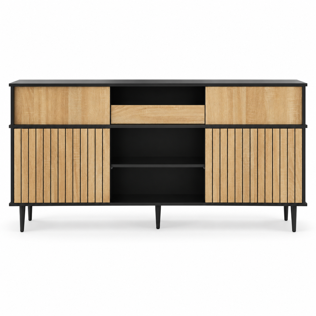 Buffet chêne et noir 160 cm quatre portes coulissantes vue de face