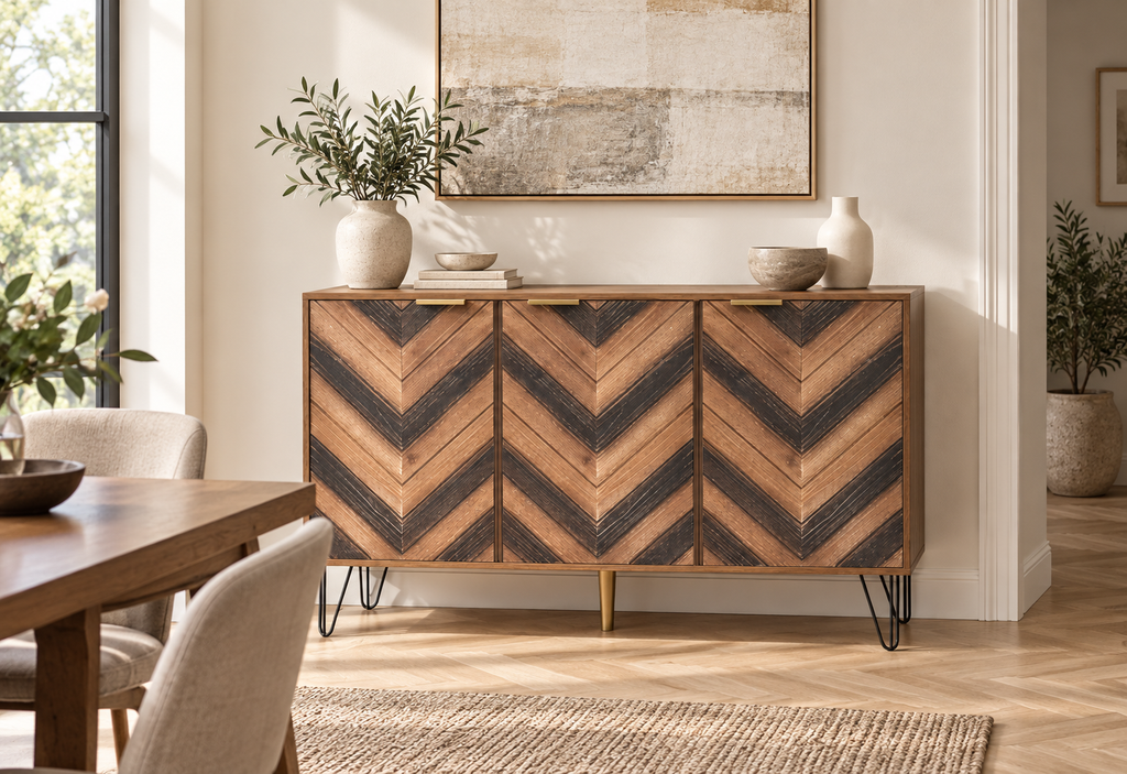 Buffet chevrons 160 cm dans une salle à manger contemporaine