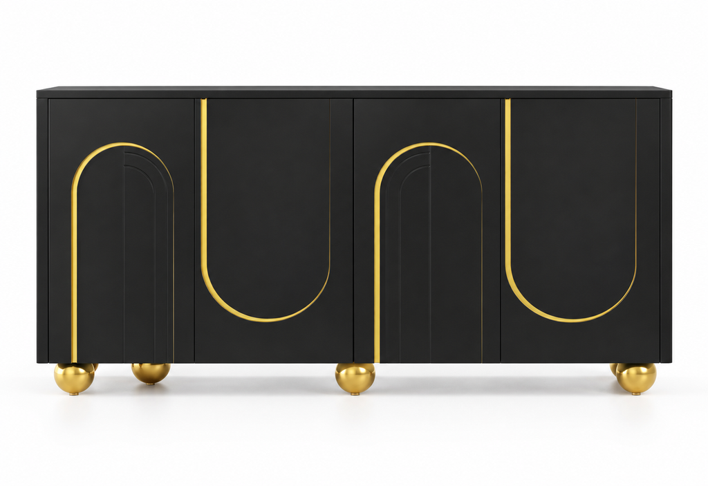 Buffet noir 140 cm quatre portes avec arches dorées vue de face