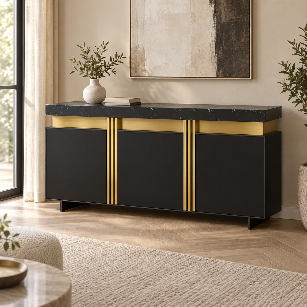 Buffet noir et doré 140 cm dans un salon contemporain