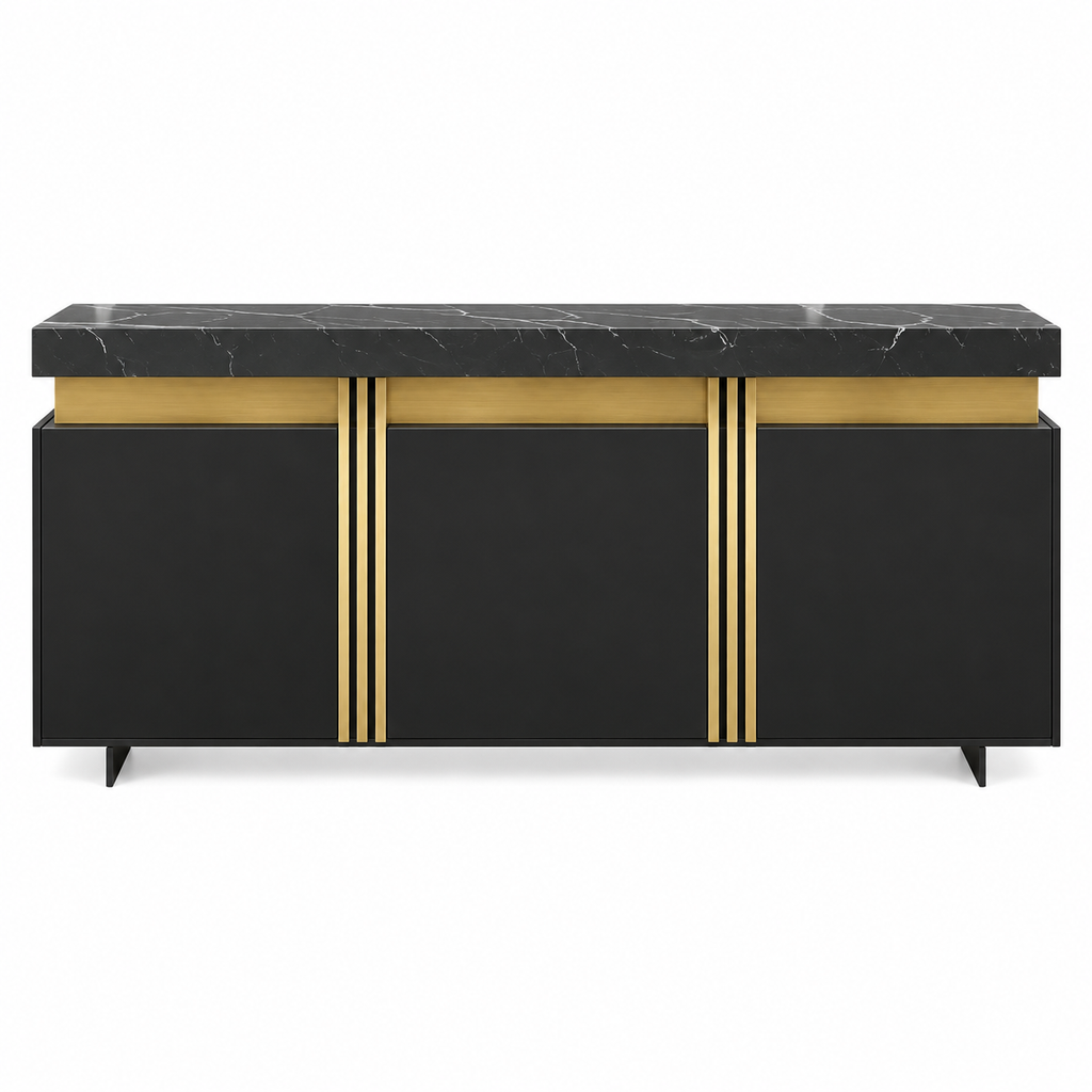 Buffet noir 140 cm trois portes et détails dorés vue de face