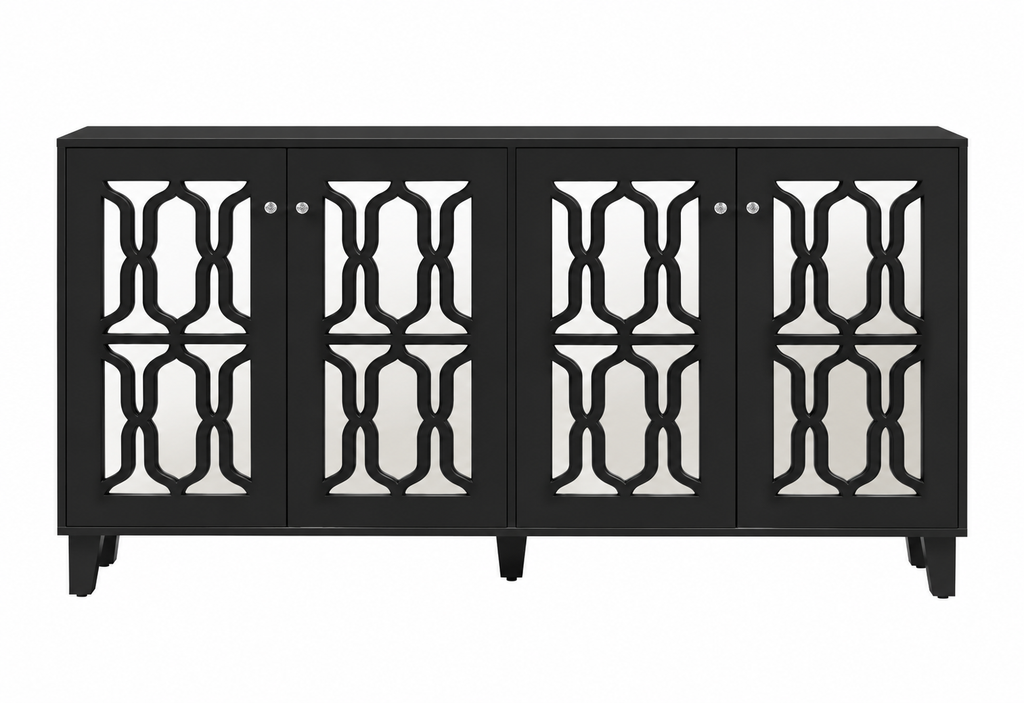 Buffet noir miroir 160 cm quatre portes vue de face
