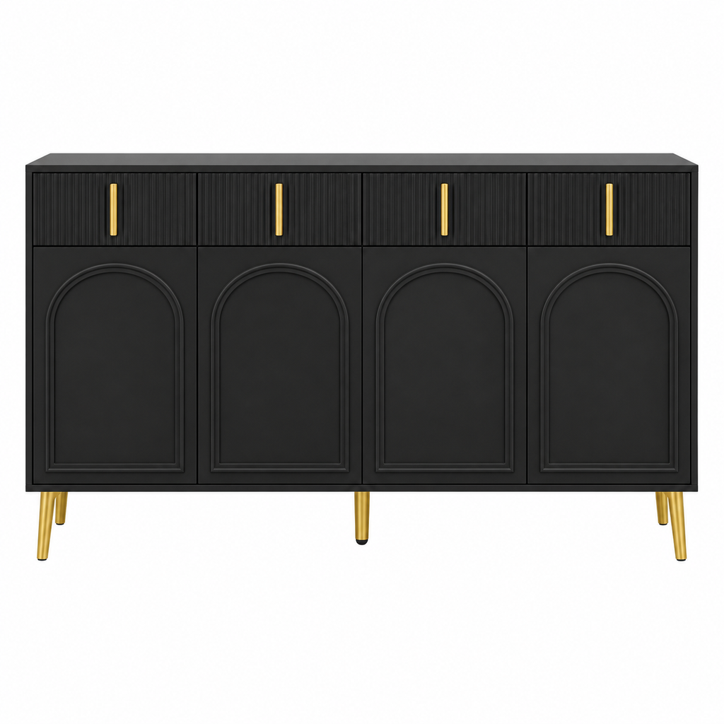 Buffet noir 140 cm quatre portes cintrées et quatre tiroirs vue de face