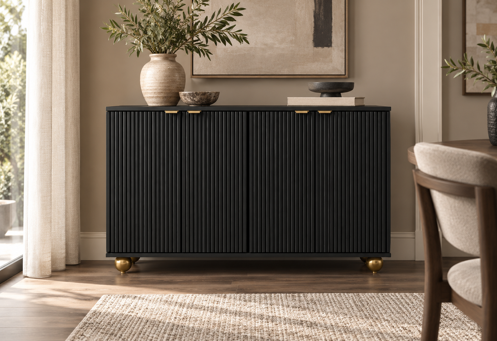 Buffet noir sculpté 120 cm dans une salle à manger contemporaine