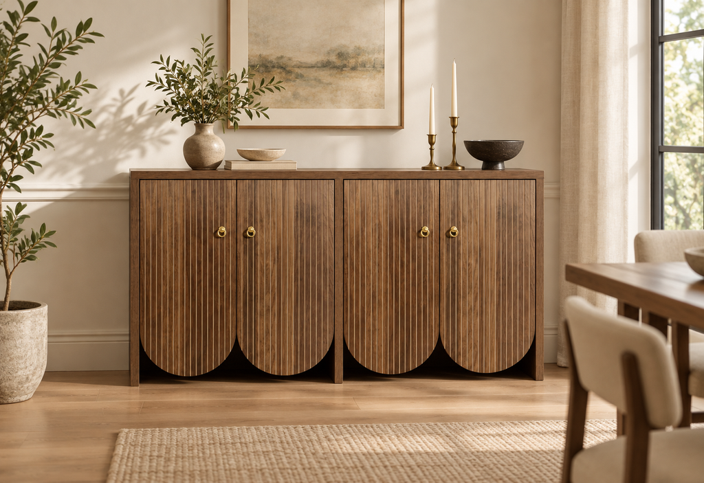 Buffet noyer rainuré 147 cm dans une salle à manger contemporaine