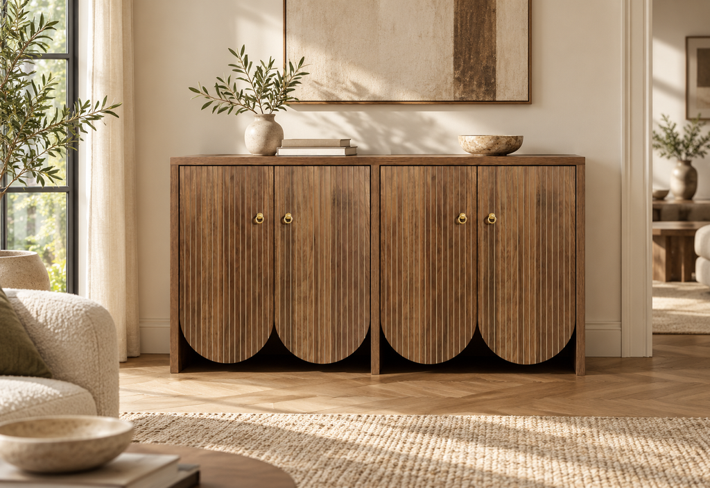 Buffet noyer rainuré 147 cm dans un salon contemporain