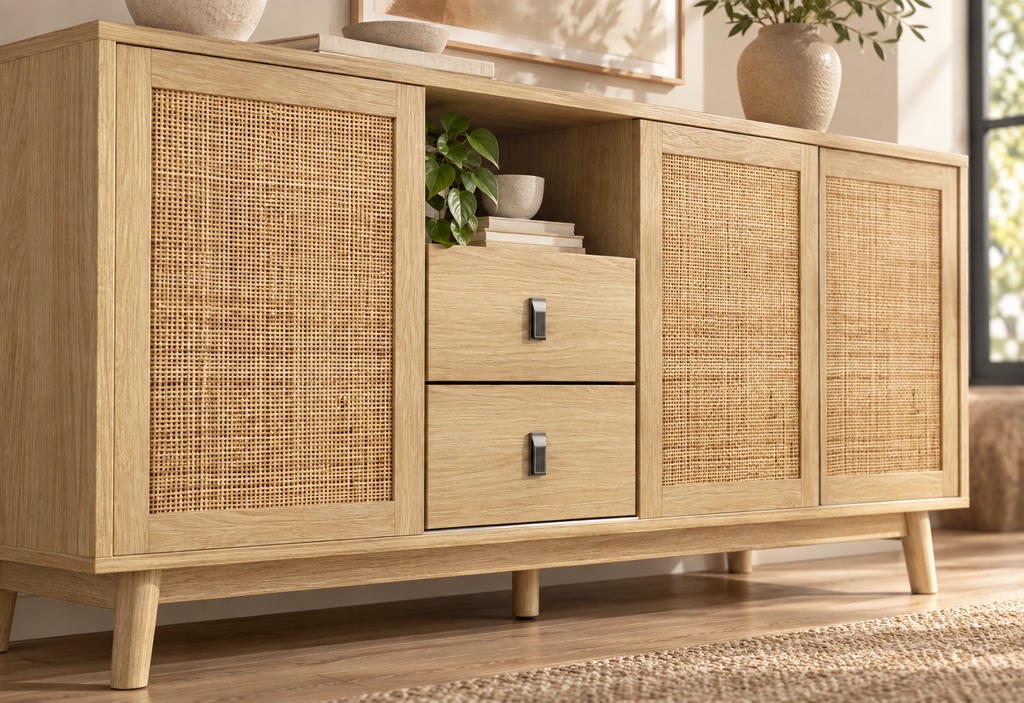 Détail du cannage et des tiroirs du buffet rotin naturel 155 cm