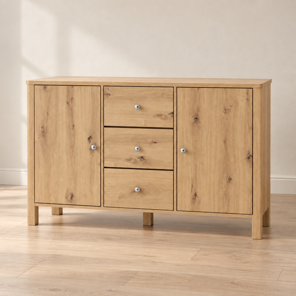 Buffet chêne clair 120 cm – 2 portes, 3 tiroirs – vue principale dans un intérieur sobre
